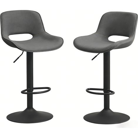 Set de 2 taburetes de bar de lino gris con respaldo, giratorios y regulables, metal (1/5)