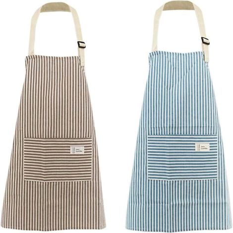 Tablier Femme avec Poches, 2 Pièces Réglables Tablier de Chef de Cuisine en Coton et Lin à Rayures Bleues et Café pour la Cuisine Barbecue pâtisserie Jardinage Nettoyage Ménager Restaurant (1/5)