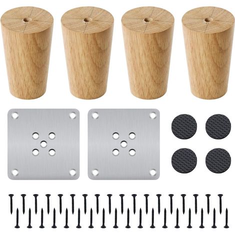 EASYCOMFORT Lot de 4 pieds de meubles en bois massif droits de 8 cm avec plaque de montage, vis et tapis antidérapants pour canapé, table, chaise, meuble à thé (1/5)