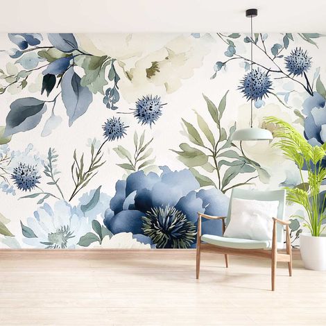 Papier peint panoramique Fleurs denim  papier peint