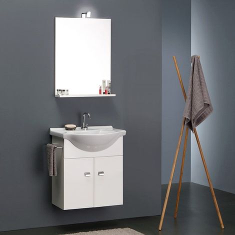 Kiamami Valentina – Meuble sous vasque simple blanc 56,5 cm – Lavabo céramique 56,5 cm – Miroir avec éclairage LED – Panneau bois laminé brillant (1/5)