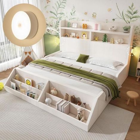 Lit enfant - KOMHTOM - 140x200 - Bois blanc - Rangements & étagère amovible - LED intégrée, sommier à lattes (1/5)