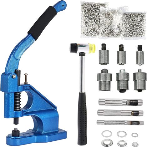 Metallösenmaschine, manuelle Ösenpresse (6/10/12 mm), professionelle Ösenzange mit 3 Matrizen, 1500 silberne Ösen, Stempel und Hammer für Planen, Stoffe und Vorhänge (1/5)