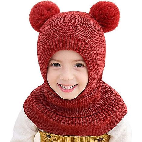 cagoule Bb Fille Garon Mignon Bonnet(rouge) Echarpe Hiver Chaud Cache Oreilles Chapeaux Tricot Enfant Double Pompon Cagoule Balaclava Pour Ski Sno