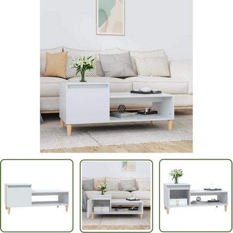 The Living Store Table basse Blanc brillant 100x50x45 cm Bois d'ingénierie - Table Basse Blanche - Meuble TV - Table D'appoint - Rangement Intérieur - Design Moderne (1/5)