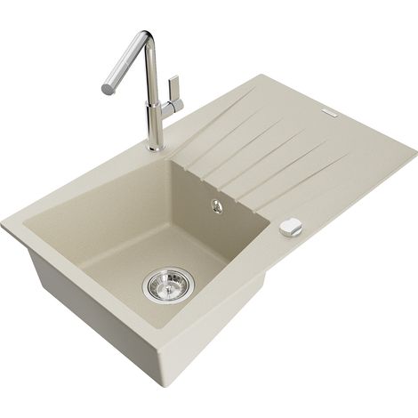 Mexen Cesar 1 Becken-Granitspüle mit Abtropffläche und Mischbatterie Flora, Beige - 6514-69-670401-0