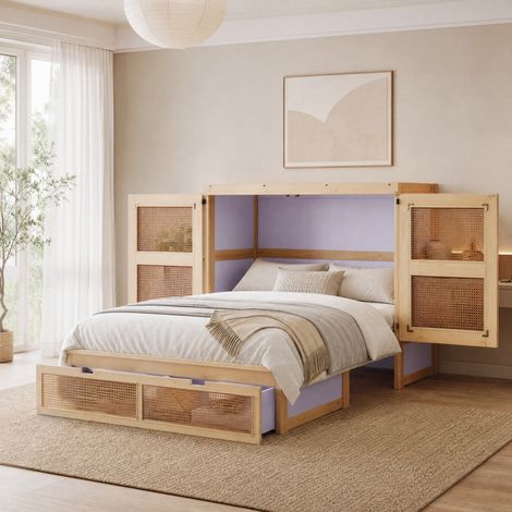 Murphy-Bett 140x200 cm Naturholz aus Holz mit Rattan-Design und Stauraum (1/5)