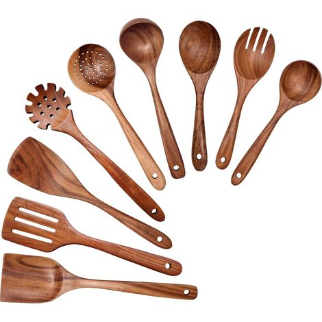 Ensemble de 9 cuillères en bois pour la cuisine, ustensiles de cuisine en teck, cuillères et spatules en bois, résistants à la chaleur, légers et durables, parfaits pour les ustensiles de cuisine anti