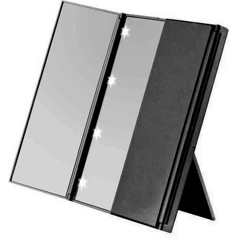 Miroir de maquillage LED à trois volets, miroir de table lumineux à LED à 360 degrés avec éclairage réglable et luminosité ajustable.