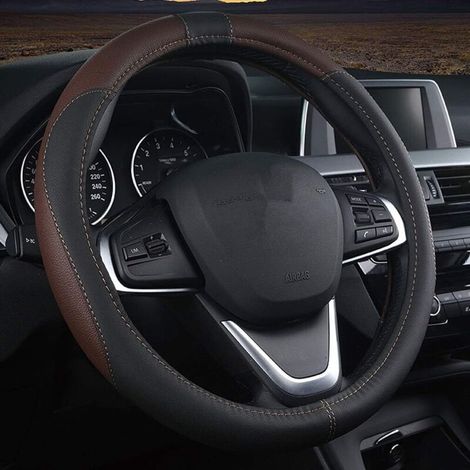 Coprivolante universale in pelle, 37-38 cm/15 pollici, traspirante e antiscivolo, accessorio interno per auto/camion/SUV/furgoni per uomo e donna (nero/caffè) (1/3)
