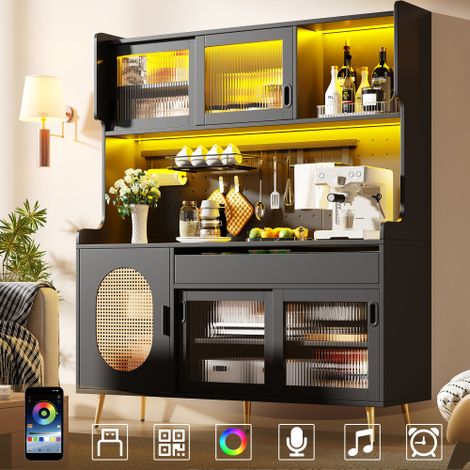 Buffet Haut Style Campagne 145×39×171cm avec LED App, 5 Portes Verre Structuré, Panneau Perforé Anti-Basculement Charge 60kg Cuisine Salon (1/5)