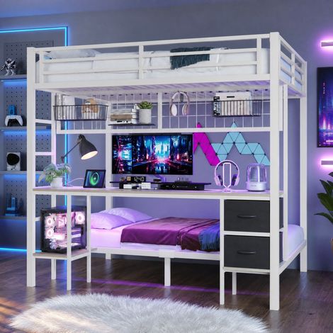 Hochbett 140x200 cm Weiß aus Metall mit Schreibtisch, Schubladen, Ablagen, Hängegitter und 7-Farb-LED (1/5)