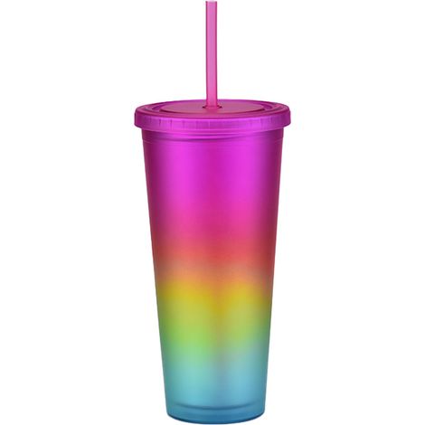 Vaso Con Bombilla 700 Ml - Estructura Doble Capa - Plástico As - Color Degradado Arcoíris - 1 Unidad (1/5)
