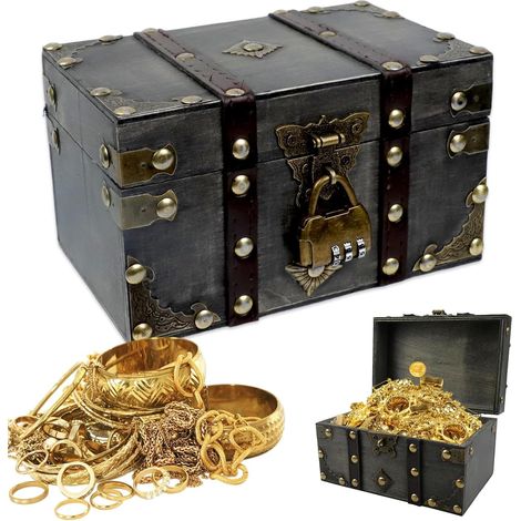 Coffre au Trésor Vintage en Bois avec Serrure, 18x11.5x10.5cm Coffret Enfant avec Serrure à Combinaison, Boîte à Bijoux (1/5)