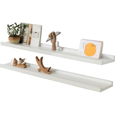 Lot de 2 étagères flottantes en Bois de chêne Massif avec Rebord, étagère Murale décorative pour Salon, Cuisine, Chambre à Coucher, Couloir, Blanc, 90 cm (1/5)