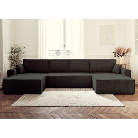 Dellia – wohnlandschaft u-form – 7-sitzer – mit schlaffunktion – mit bettkasten – aus cord - anthrazitgrau
