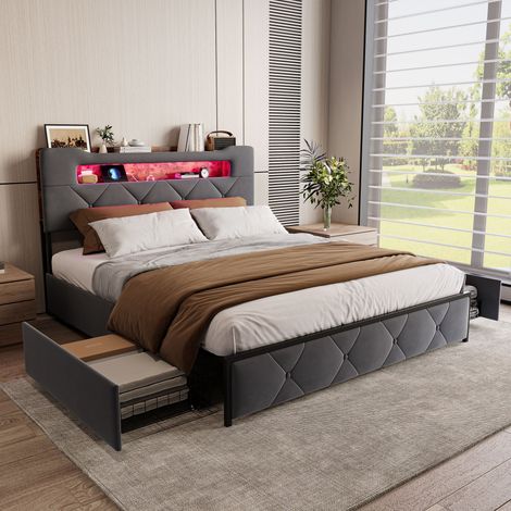 Lit adulte 140x200 cm, LED, Port USB Type-C, 4 tiroir, tissu en velours, cadre de lit 140x200 cm, Gris (1/5)