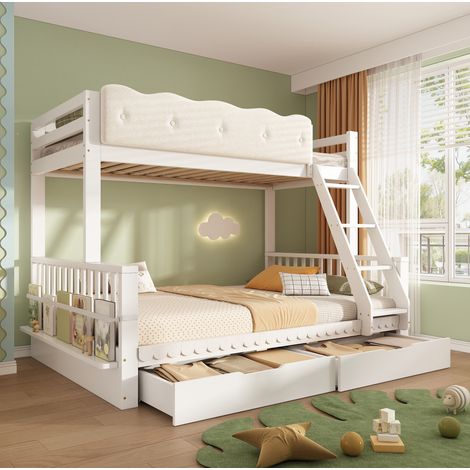 Kinder-Etagenbett 90/140x200 cm weiß aus Holz mit Schubladen, Zeitschriftenständer und Blüten-Geländer (1/5)