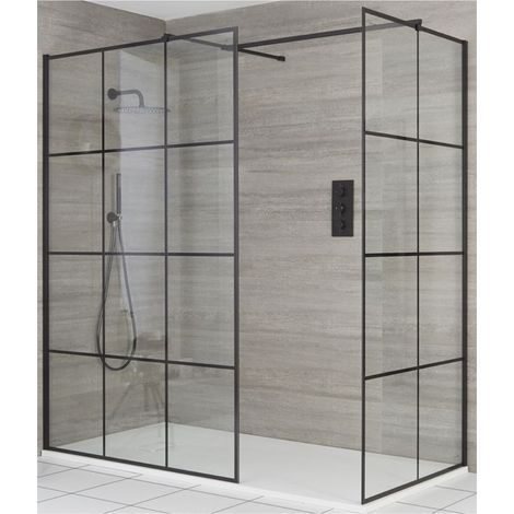 Milano Barq Black Corner Walk In Wet Room Shower Enclosure with Grid Pattern Screens Support Arms and White Slate Effect Tray - 1800mm x 900mm (1/5)