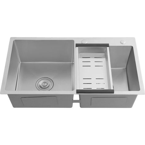 Fregadero de cocina, diseño de doble cubeta, estilo moderno, plateado. (1/2)