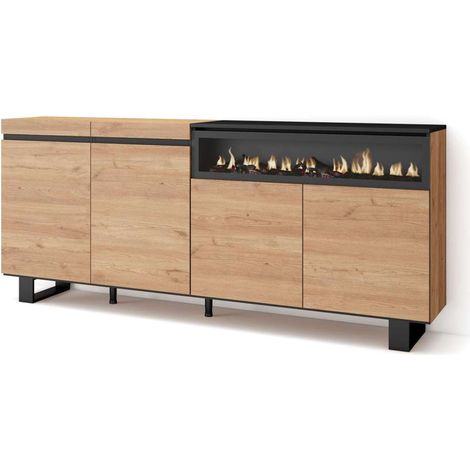 Aparador Adamuz de 200x87x35 cm con 4 puertas, chimenea eléctrica, color roble y negro (1/4)
