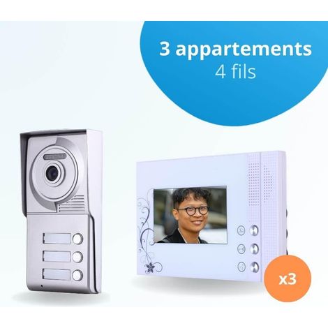 Portier interphone vidéo CLASSIC 4 Fils - 3 appartements - 3 écrans blancs