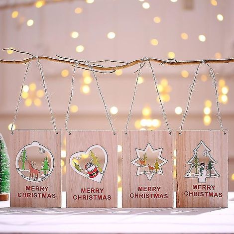 Lot de 4 panneaux décoratifs de Noël à suspendre à la porte, en bois, pour l'intérieur et l'extérieur. (1/5)