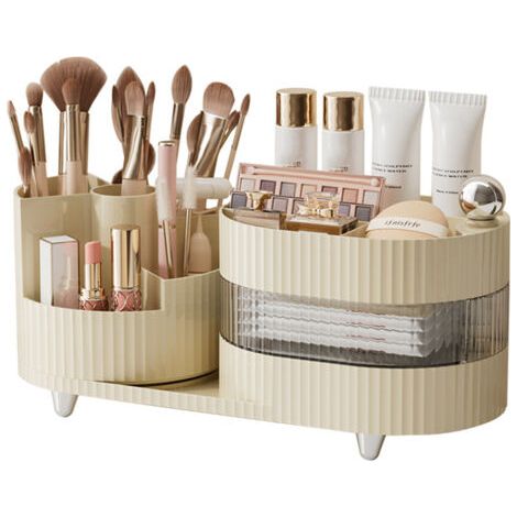 Organisateur de Maquillage, Organisateur Maquillage Rotatif 360 Degrés, Rangement cosmétique Multifonctionnel pour Chambre, Coiffeuse - Blanc Crème (1/5)