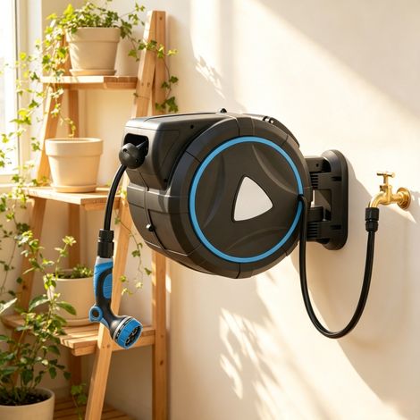 Avvolgitubo automatico da parete 23+2 m con pistola irrigazione 10 modalità, blu HAVRYA (1/4)