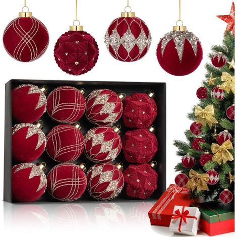 Lot de 12 boules de Noël en velours, décorations d'arbre de Noël – 80 mm/3,15", décorations de Noël à suspendre floquées vertes, boules de Noël en plastique incassable, vacances, mariages, fêtes (roug (1/5)