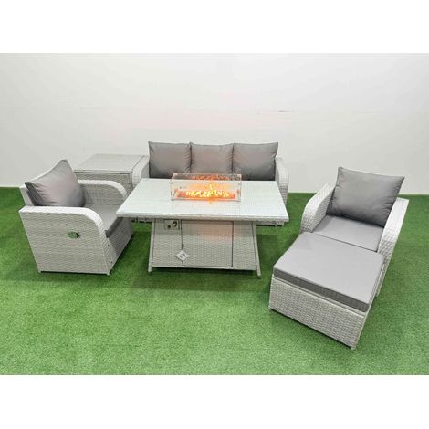 Fimous PE Rattan Garden Furniture Set Reclining Chair Sofa Lounge Sofa Set Firepit Dining Table Side Table Big Footstool Light Grey (1/4)