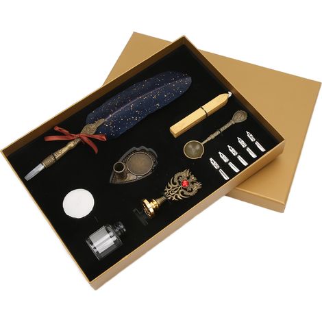 Feather Pen Set European Style British Retro Sprinkling Gold Dip Pencil for Teacher Elders Lover GiftsSprinkle Gold Navy Blue (1/5)