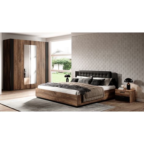 Bett mit Lattenrost, Liegefläche 160 x 200 cm und Kleiderschrank SOLMS-83 in Flagstaf Eiche dunkel Nb. und kupferrot, kombiniert mit schwarz (1/5)