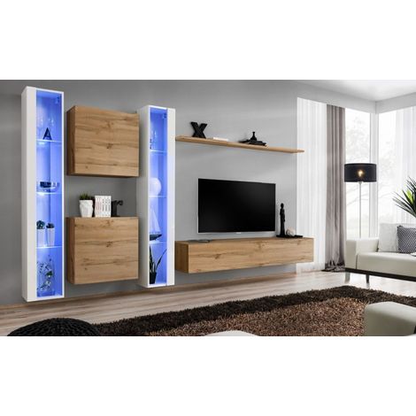Ensemble mural - Switch XVI - 2 vitrines LED - 2 vitrines carrées - 1 banc TV - 1 étagère - Bois et blanc - Modèle 2 - Livraison gratuite