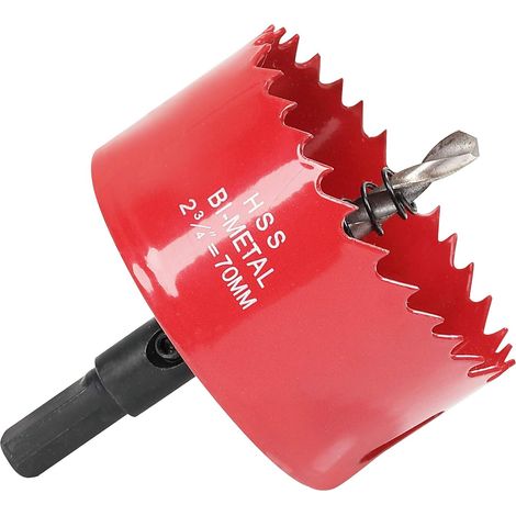 Scie cloche -70 mm - Acier rapide HSS M42 bi-métal - Scie-cloche avec tige hexagonale et foret pour bois, construction sèche et tôle métallique - 1 pièce - Rouge (1/5)
