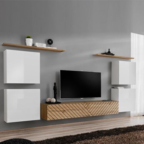 Ensemble Meuble TV "Switch Lamel IV" 320cm Naturel & Blanc (1/5)