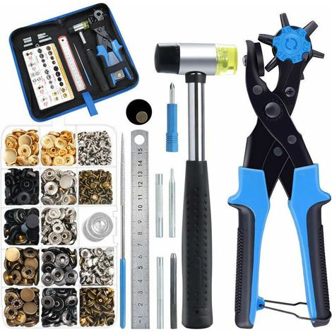 Pince Perforatrice Rotatif pour Cuir, 6 Tailles Pince à Oeillet/Perforateur à Ceinture, Outil de Perforation avec 240 rivets, 100 Boutons, Règle, Coussin en Laiton pour Cuir, Ceinture(Bleu),,de DEBUNS (1/5)