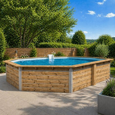 Piscine bois WATERCLIP octogonale 590x420x111 cm LUCON – 19m³ – filtration incluse – montage rapide 2h