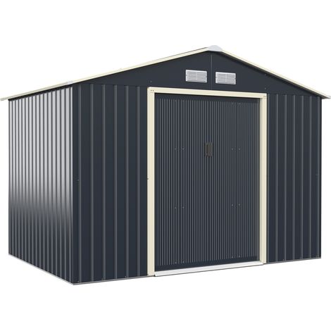 Hangar de stockage métallique gris 9 x 6 pieds, cabane de jardin avec portes coulissantes et 4 aérations, remise extérieure pour outils (1/4)