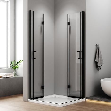 Duschkabine 120x120cm Schwarz Eckeinstieg Falttür 180° Duschabtrennung Drehfalttür Dusche 6mm Nano Beschichtung ESG Glas Duschwand Höhe 195cm (1/5)
