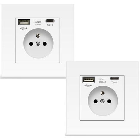 Prise murale USB Type C, 2 prises de courant complètes en verre blanc, Standard français, 5V 2100mA, Lot de 2 (1/4)