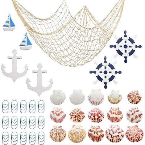 Decorative Fishing Net 2 x 1.5 m Decorative Fishnet Decoration Net with Shells Boat Wheel Sailboat Anchor Wooden Wall Decoration in Fishing Net for Beach Party (1/5)