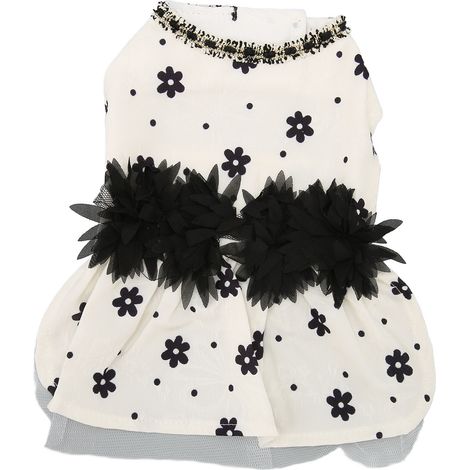 Robe beige XS pour chien, douce, confortable, respirante, motif floral noir, tenue princesse pour petits animaux (1/4)