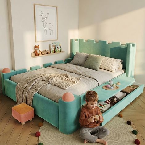 Kinderbett 140x200 cm Polsterbett mit Stauraum-Schublade und klappbarer Ablage, sicheres Jugendbett im Burg-Design aus weichem Samt, Blaugrün (1/5)