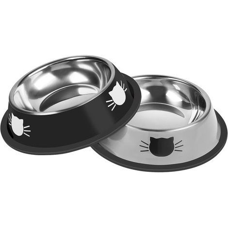 Longziming - Lot de 2 gamelles pour chat en acier inoxydable antidérapantes. pour nourriture et eau. stables. noires et grises (1/5)