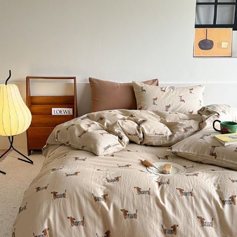 Parure de lit 220 x 240 cm pour fille - Teckel marron clair - En microfibre - Housse de couette avec fermeture éclair et 2 taies d'oreiller 80 x 80 cm (1/5)