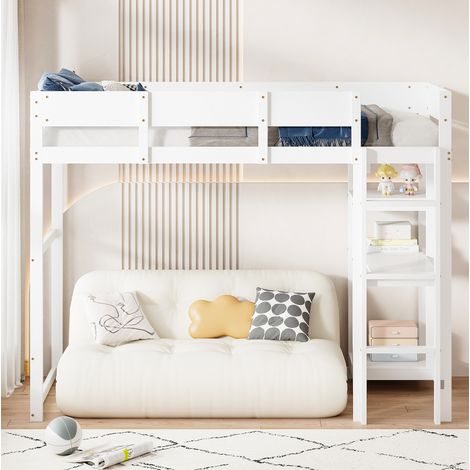 MEUBLIV Hochbett 90x200 cm Weiß – mit Ablageregal, ohne Matratze (1/5)