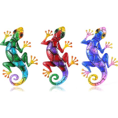 Ensemble de 3 pendentifs gecko colorés à effet craquelé, décoration de jardin, décoration de clôture de patio (1/5)