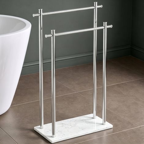 Mai & Mai PortaAsciugamani Bagno da Terra a 2 Bracci in Inox 304, Base in Marmo fuso, Antiruggine, Doppia Barra Autoportante, Cromo, Tavrin-09 (1/5)