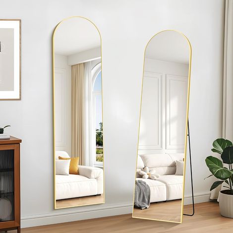 Miroir sur Pied Arqué, 150 x 40 cm Grand Miroir Mural avec Cadre en Aluminium Doré à Suspendre, à Poser, à Appuyer, pour Salon, Chambre, Couloir (1/5)